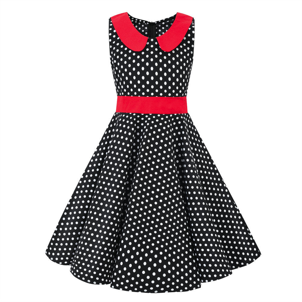 Retro Polka Dot Doll Collar Cinched Sleeveless Daily Children's Dress