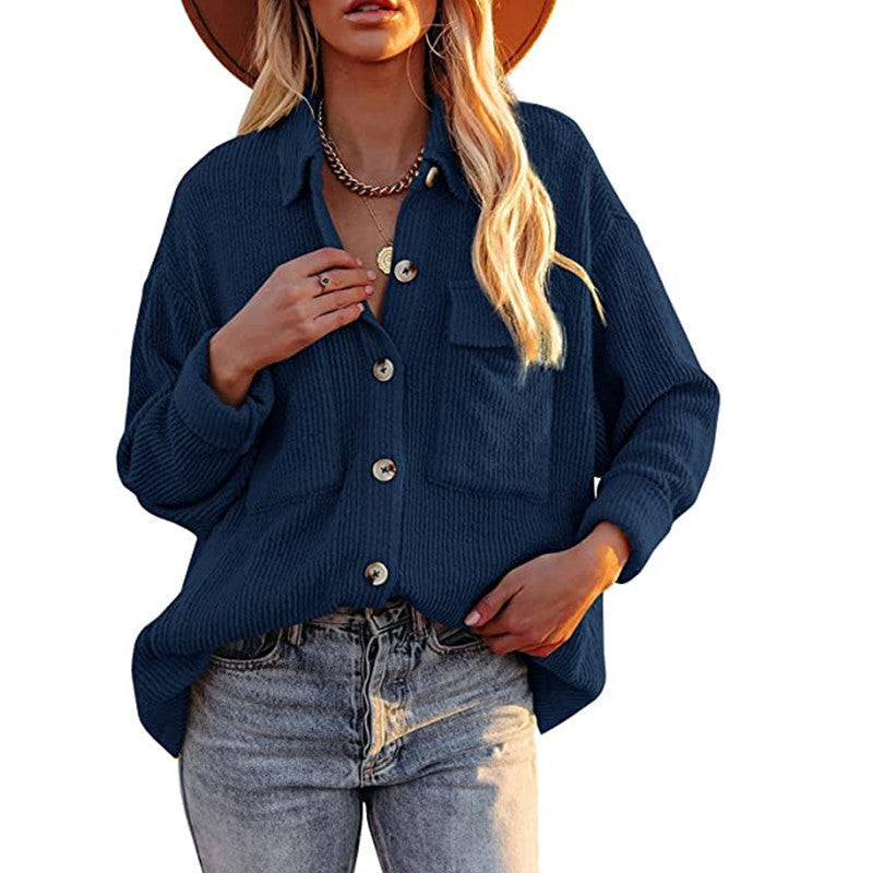 Women's Solid Color Loose Corduroy Lapel Double Pocket Long Coats