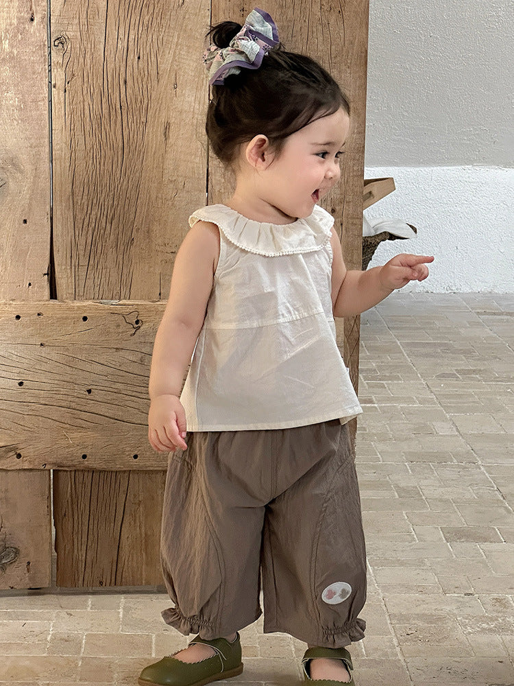Collar Solid Color Sleeveless Outer Wear Children's T-shirt