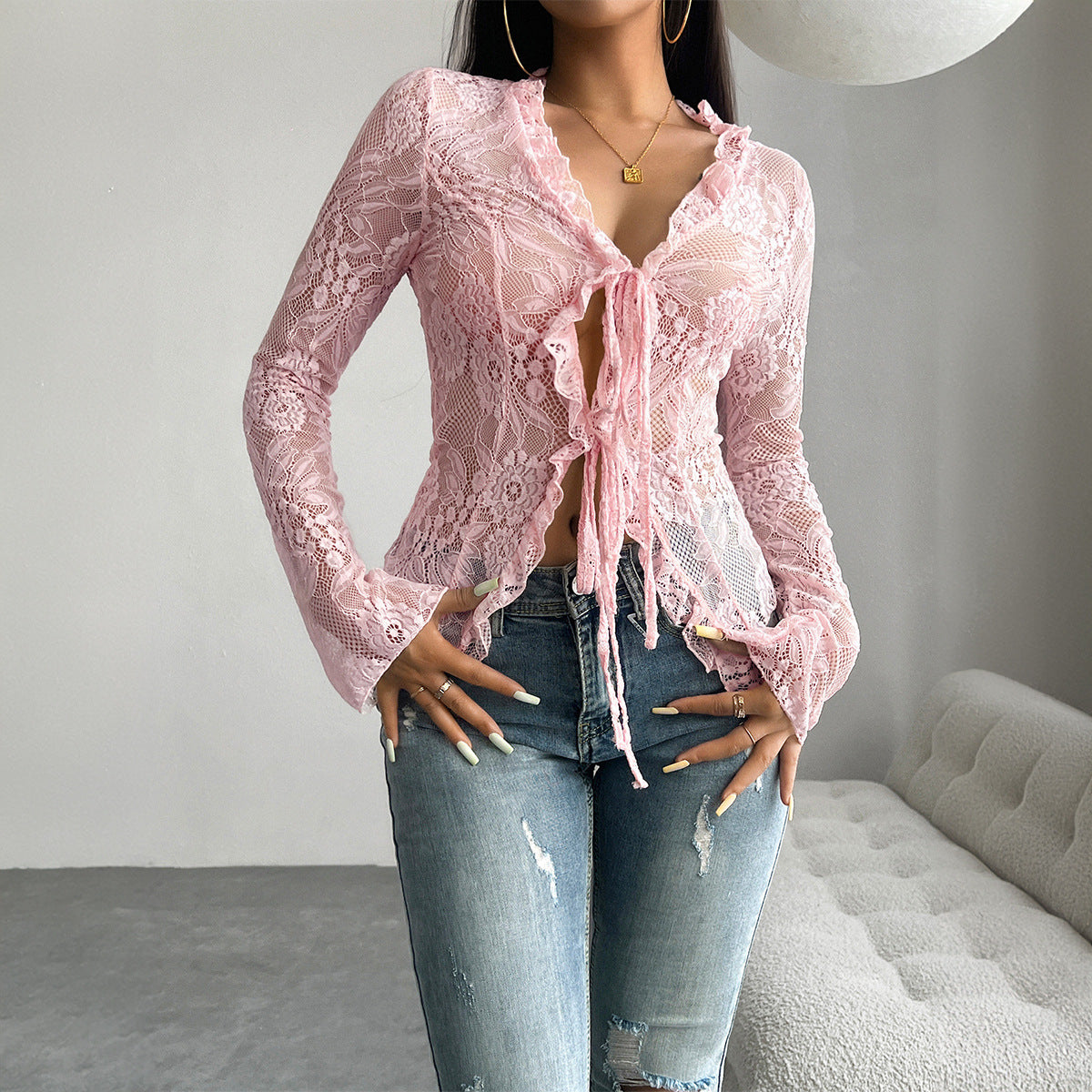 Classic Women's Sexy Slim Long Sleeve Lace Shirt, Chiffon Shirt