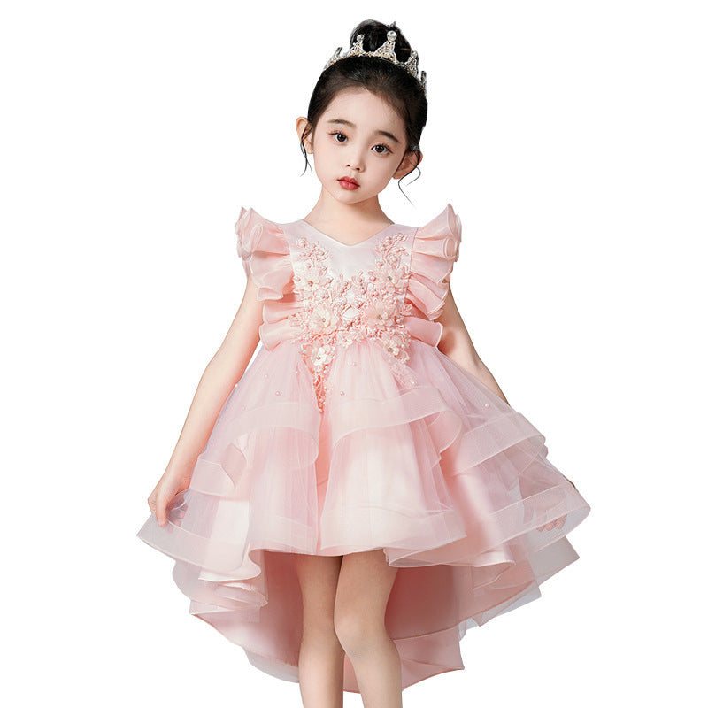 Summer Flounced Sleeve Trailing Mesh Bubble Skirt Princess Children's Dress