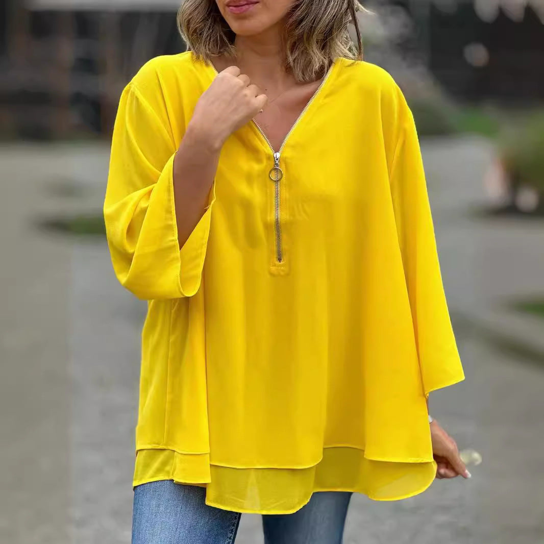 Classy Sleeves Casual Metal Zipper Loose Lace Shirt, Chiffon Shirt