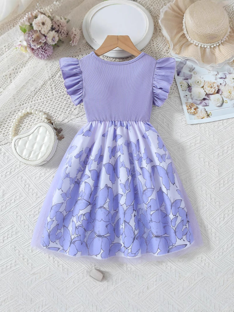 Flounced Sleeve Fake Two-piece Bow Print Stitching Children's Dress