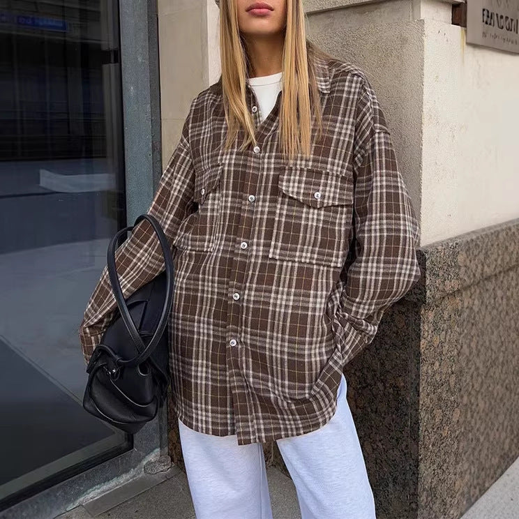 Women's Plaid Shirt American Retro Double Pocket Striped Women's T-shirt