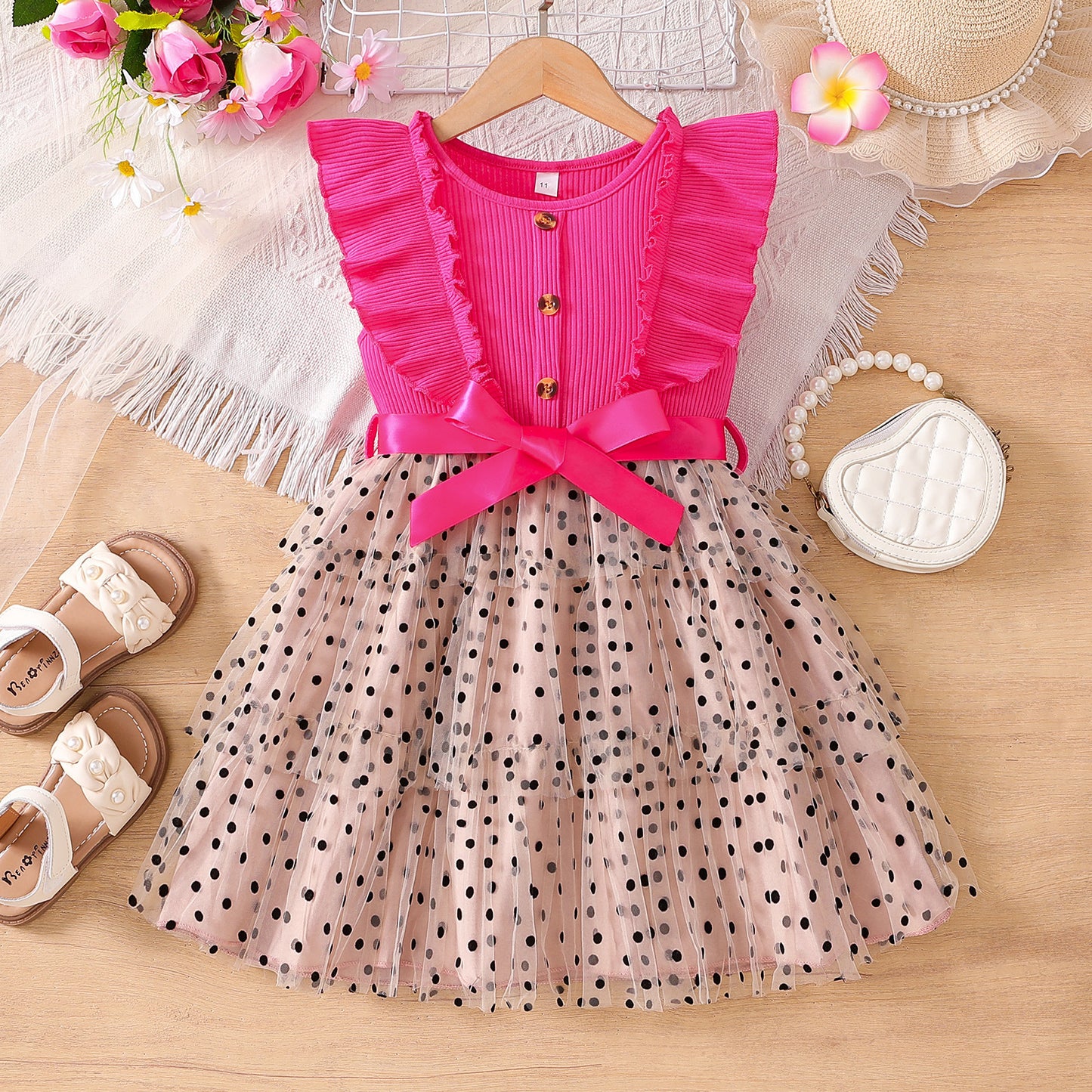 Flying Sleeves Polka Dot Mesh Princess Western Net Yarn Children's Dress