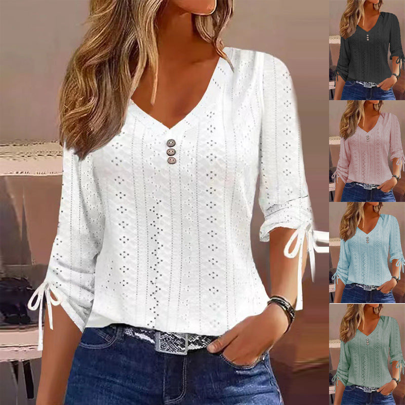 Innovative Solid Color Jacquard Button Long-sleeved Women's T-shirt