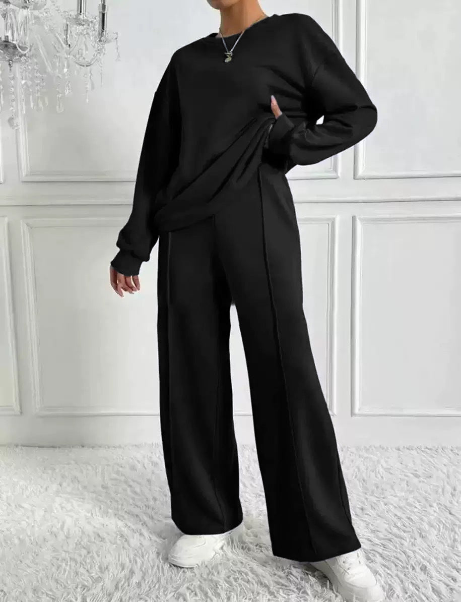 Women's Solid Color Round Neck Long-sleeved Trousers Fashion Casual Suit