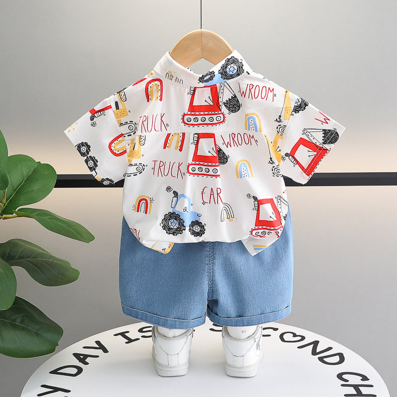 Summer Printed Lapel Shirt Short-sleeved Casual Denim Children's Suit