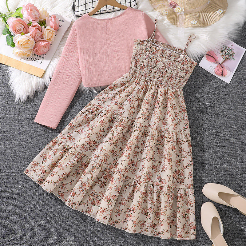 Children's Older Clothing Spring Sweet Floral Suspender Children's Suit