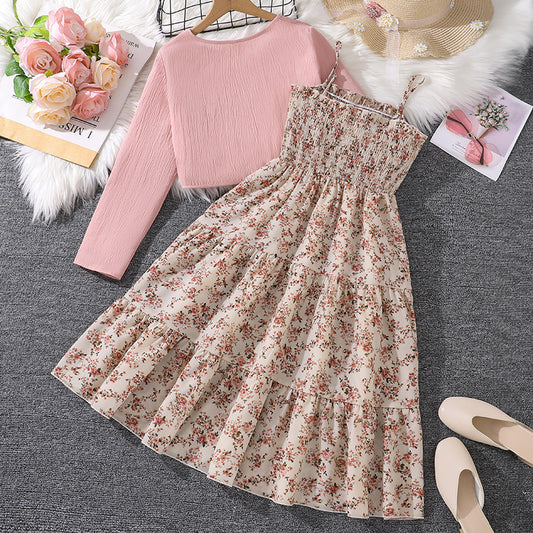 Children's Older Clothing Spring Sweet Floral Suspender Children's Suit