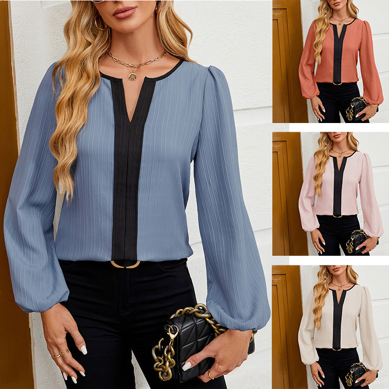 Women's Spring V Neck Bubble Long Sleeve Blouse
