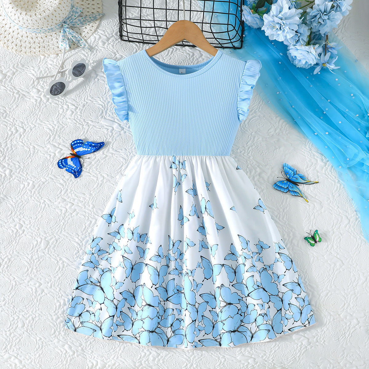Short-sleeved Flounced Sleeve Sunken Stripe Stitching Butterfly Children's Dress
