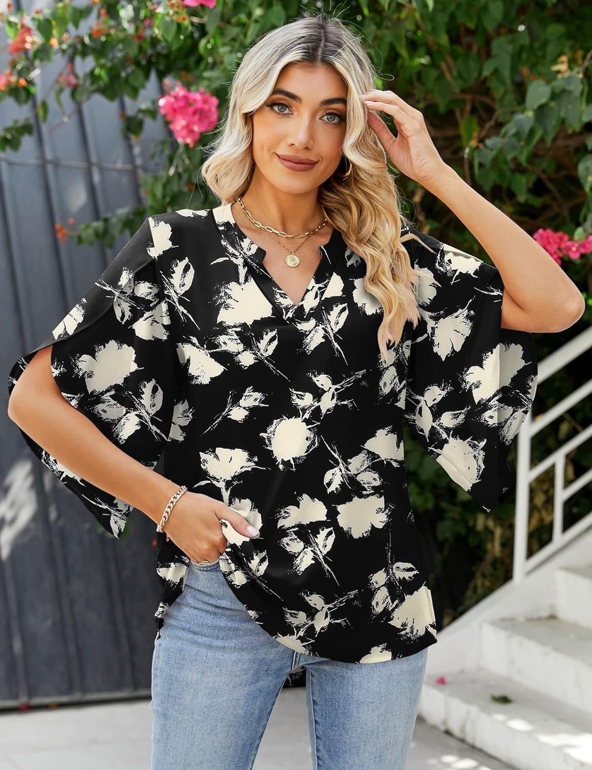 Glamorous Women's Printed Loose Petal Sleeve Lace Shirt, Chiffon Shirt