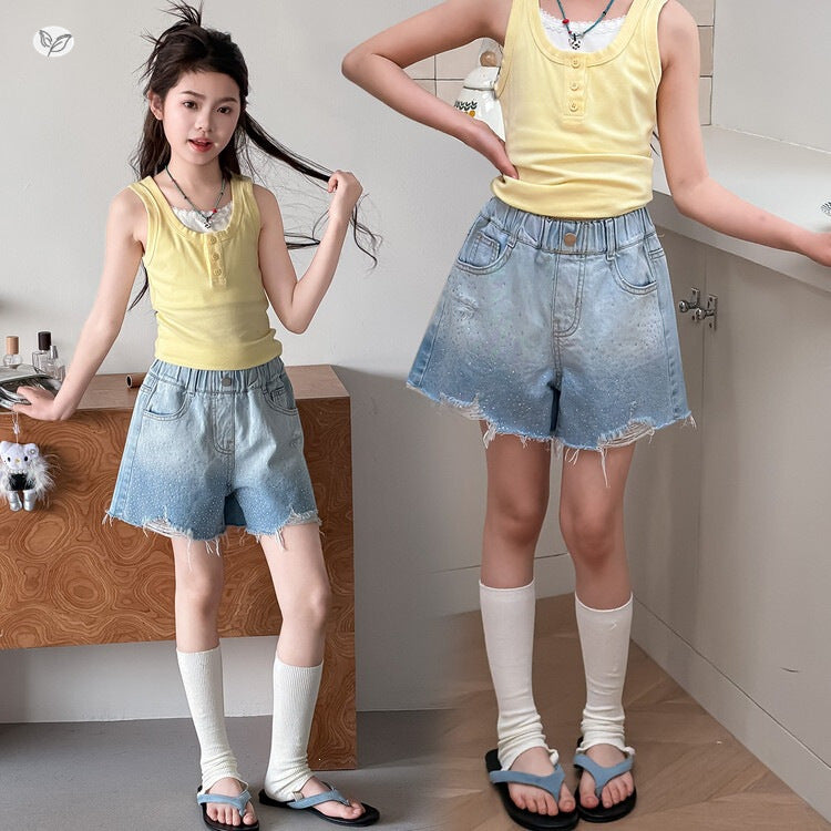 Rhinestone Gradient Denim Shorts Korean Style Ripped Slimming Children's Pants
