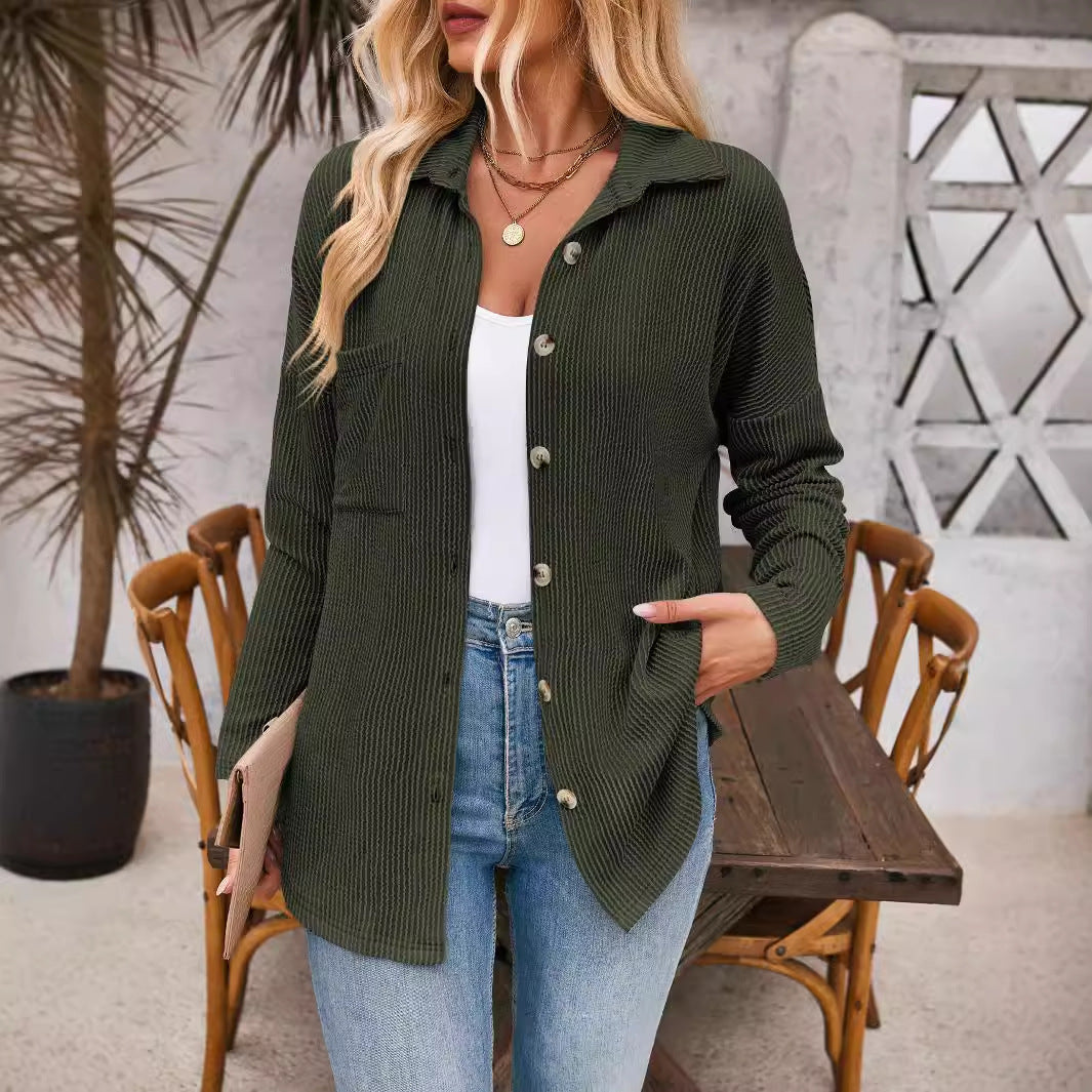 Striped Contrast Color Pocket Long Sleeve Blouse