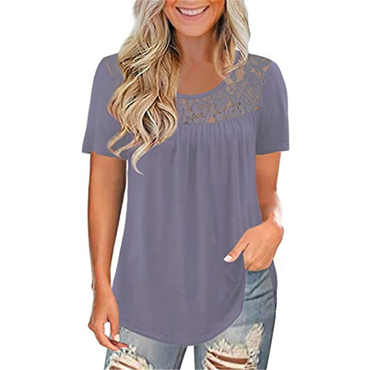 Women's Sleeve Lace Pleated Shirt Summer Waist Temperament Plus Size
