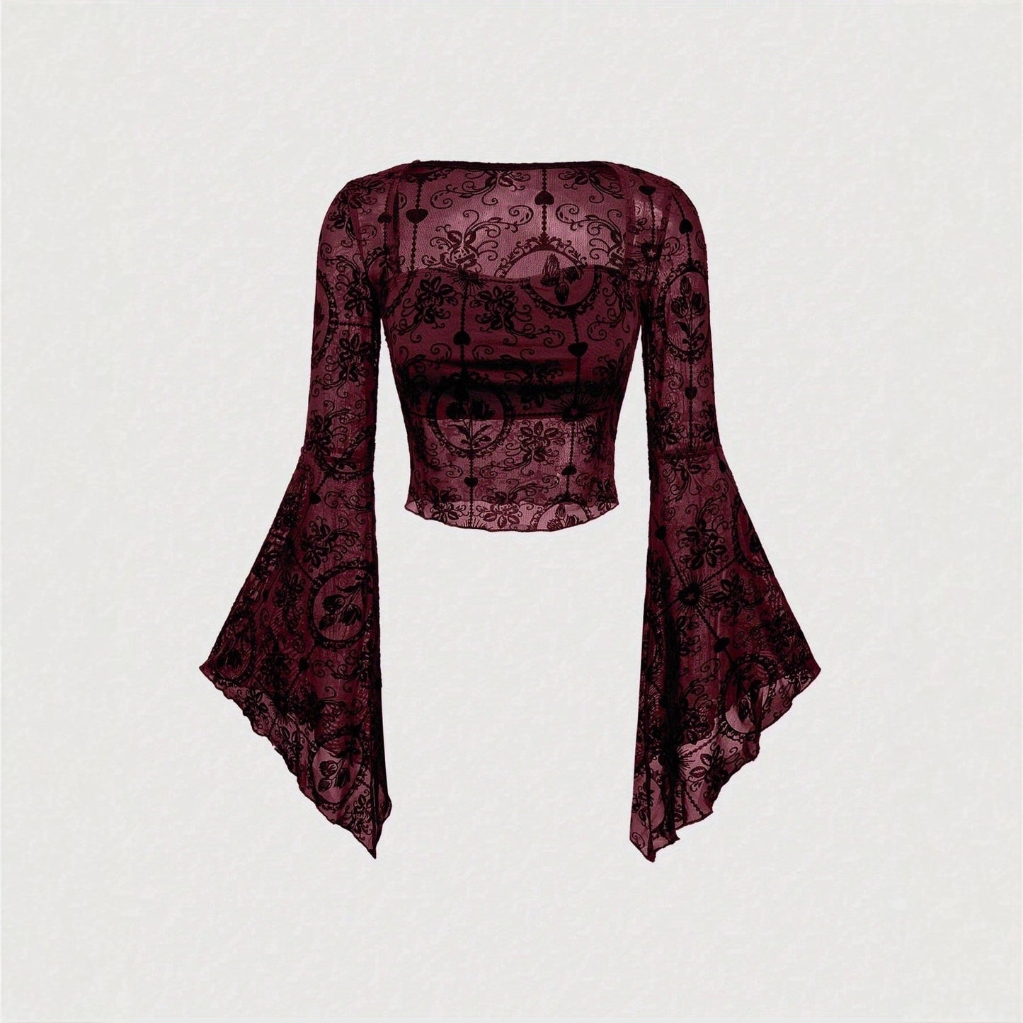 Sexy Mesh Long Sleeve Flared Sleeves Lace Shirt, Chiffon Shirt