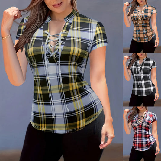 Fashion Plaid Printed Stand Collar Chest Tied Slim Women's T-shirt