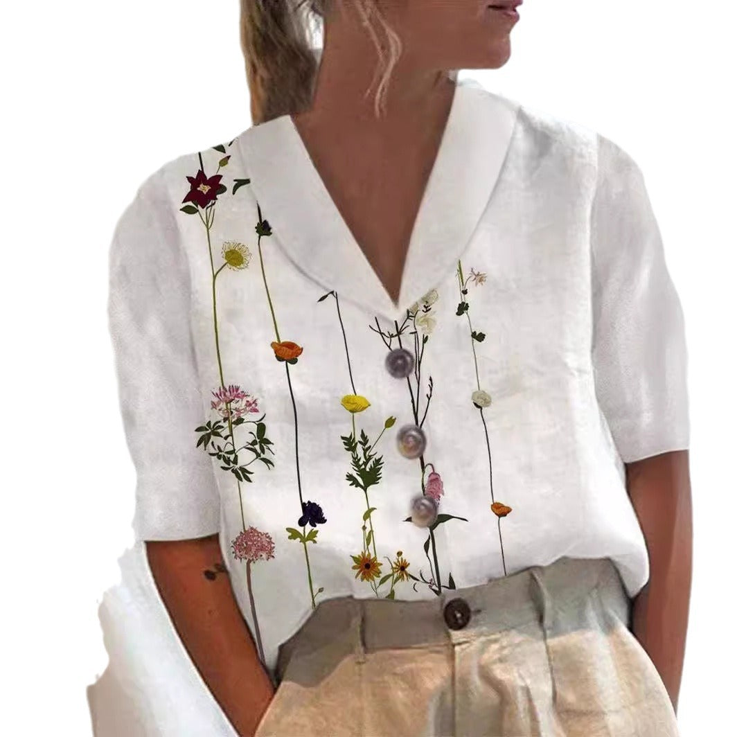 Women's Collar Button Casual Long Half Sleeve Cotton Blouse
