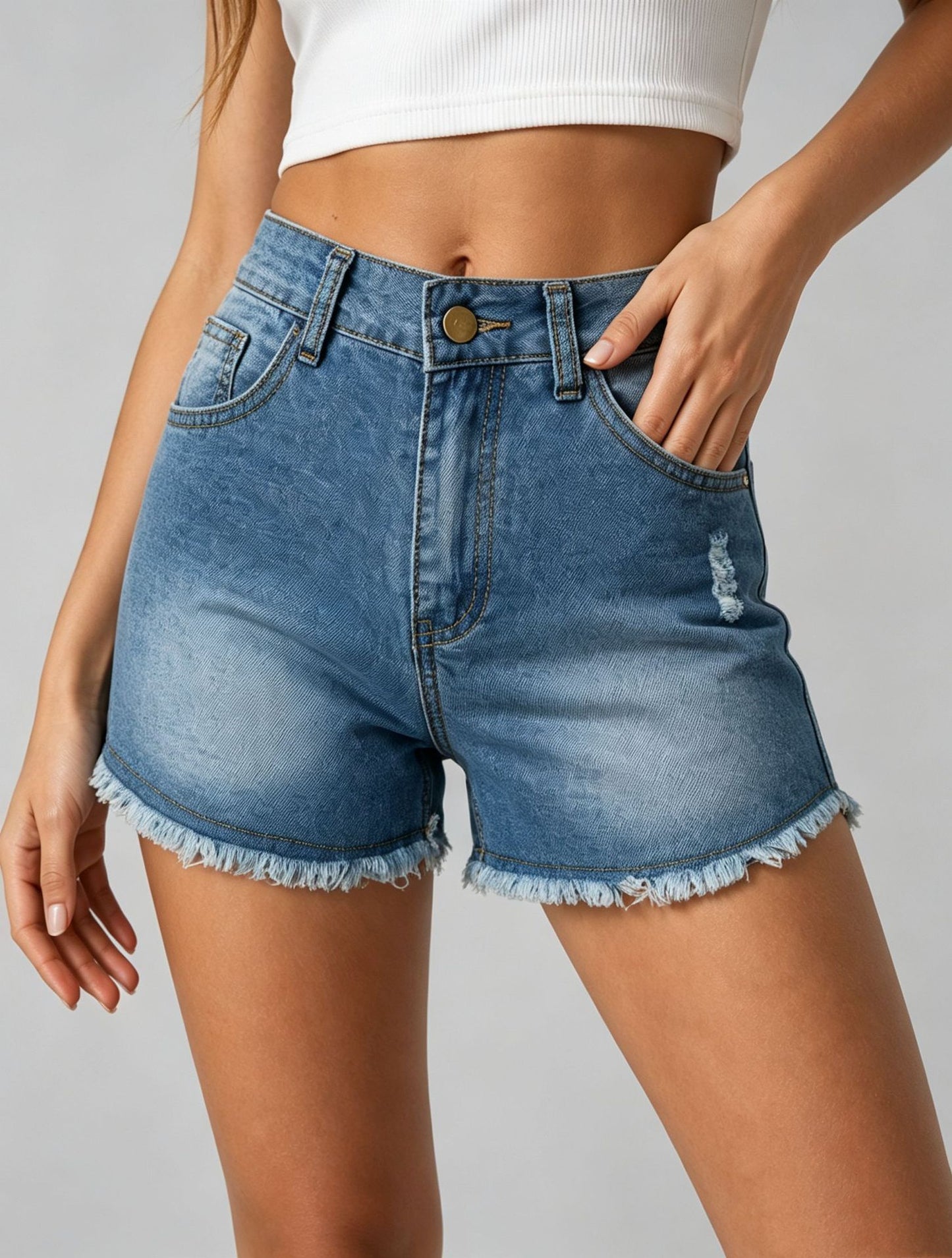 Women's Stretch Slim Fit Ripped Tassel Denim Shorts
