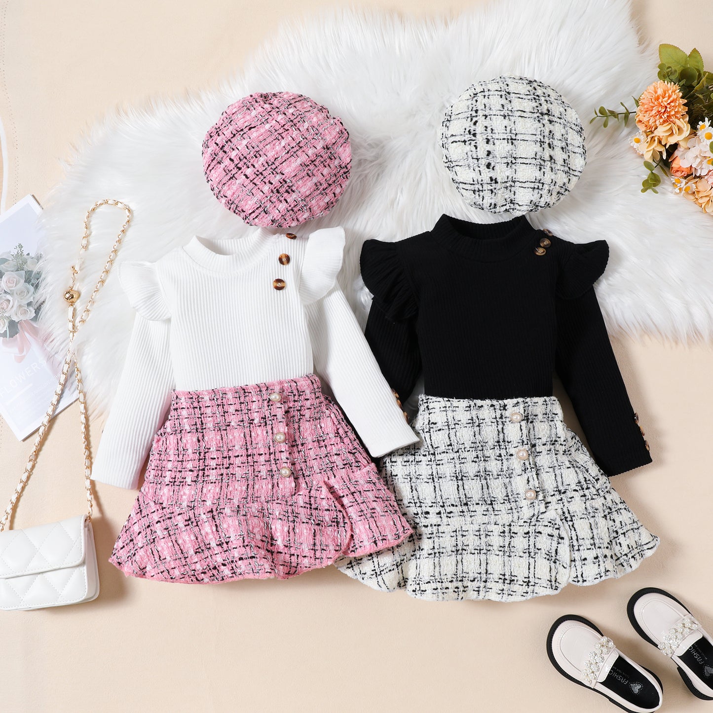 Children's Clothing Style Long-sleeved Top Classic Woven Chunky Skirt Beret Children's Suit