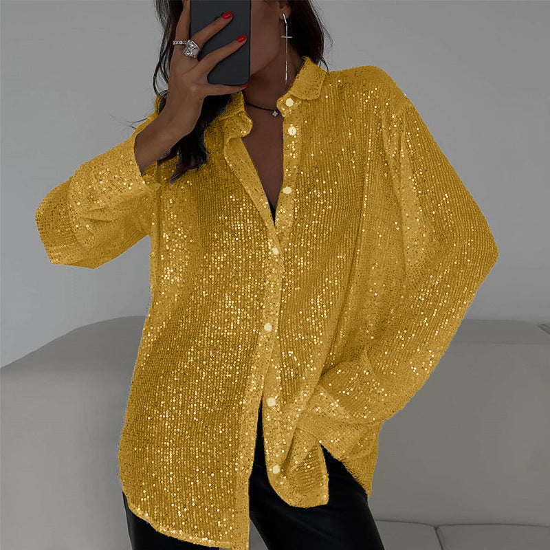 Women's Sequin Lapel Long Sleeve Basic Style Blouse