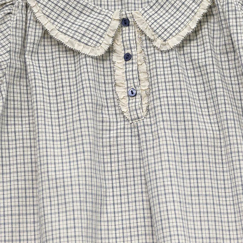 Cotton Jacquard Blue Plaid Silk Short Children's Dress
