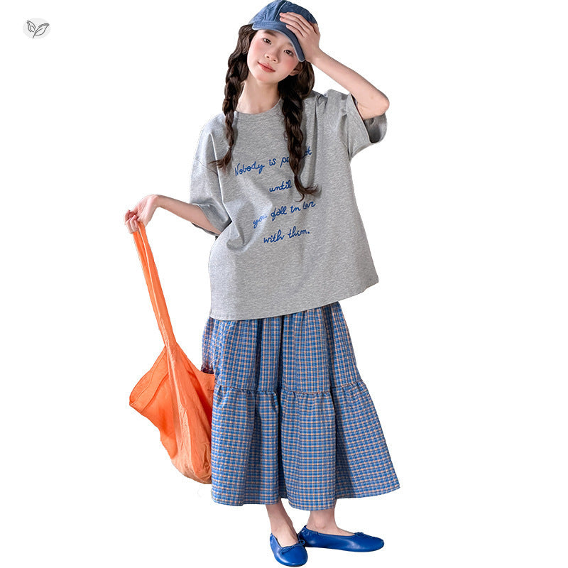 Tartan Skirt Loose Letter T-shirt Long Korean Style Short Sleeve Children's Suit