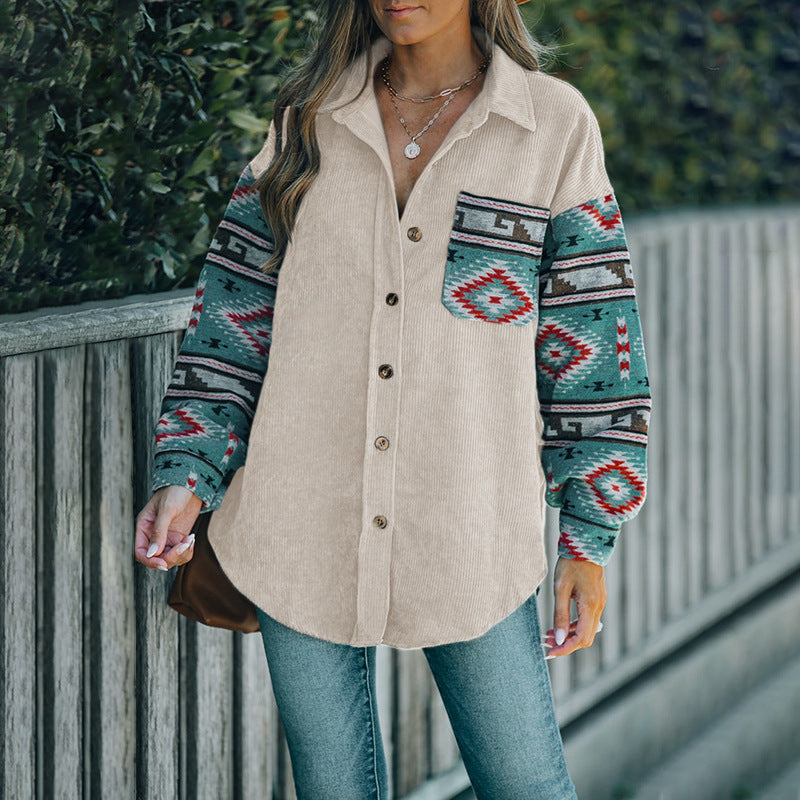 Women's Corduroy Shirt Ethnic Style Stitching Thin Blouse
