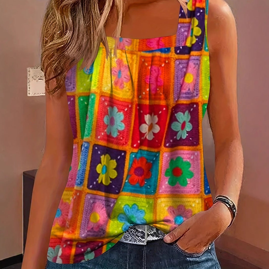 Contrast Color Colorful Printing Loose Casual Women's T-shirt