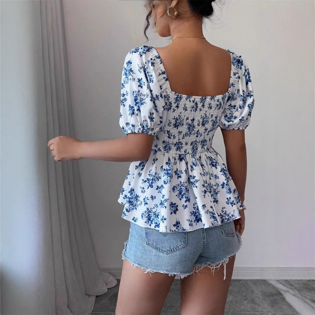 Women's Collar Fashion Slim Sexy Smocking Printed Lace Shirt, Chiffon Shirt