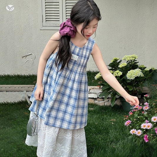 Children's Style Medium Big Blue White Plaid Sleeveless Fake Two-piece Lace Children's Dress
