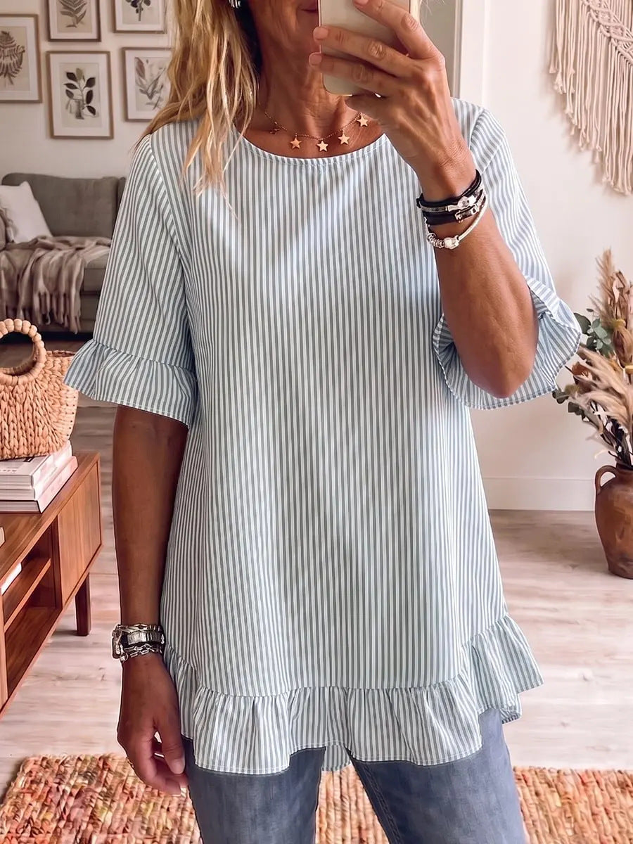 Women's Summer Sleeve Striped Loose Casual Ruffled Women's T-shirt
