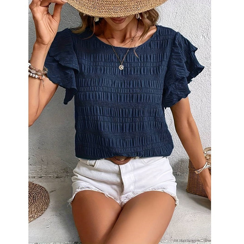 Women's Round Neck Double Ruffle Sleeve Casual Tops