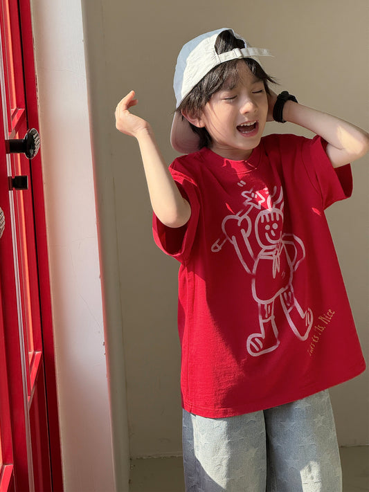 Children's Korean Style Cartoon Contrast Color Snowman Print Short Sleeve Casual Children's T-shirt