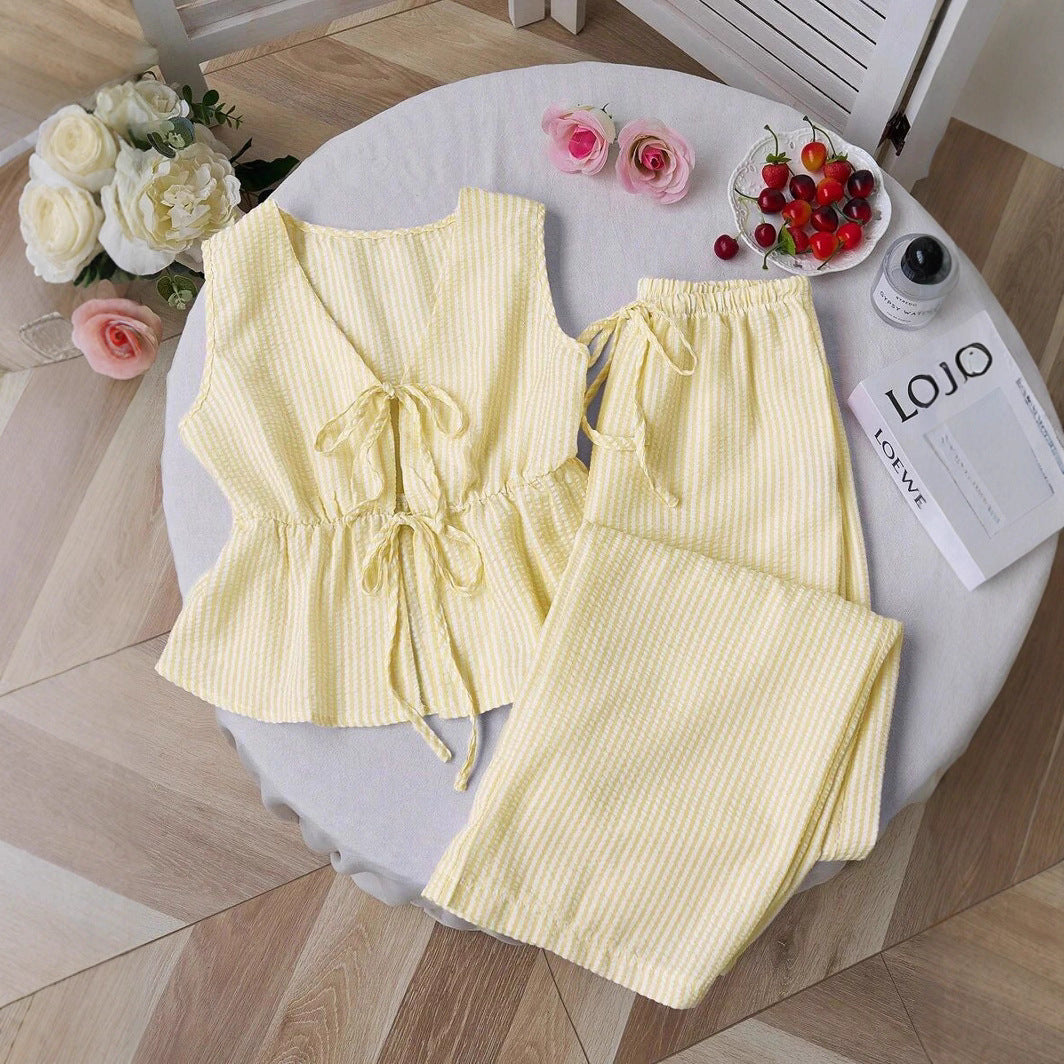 Color Striped Lace Up Wild Loose Trousers Fashion Casual Suit