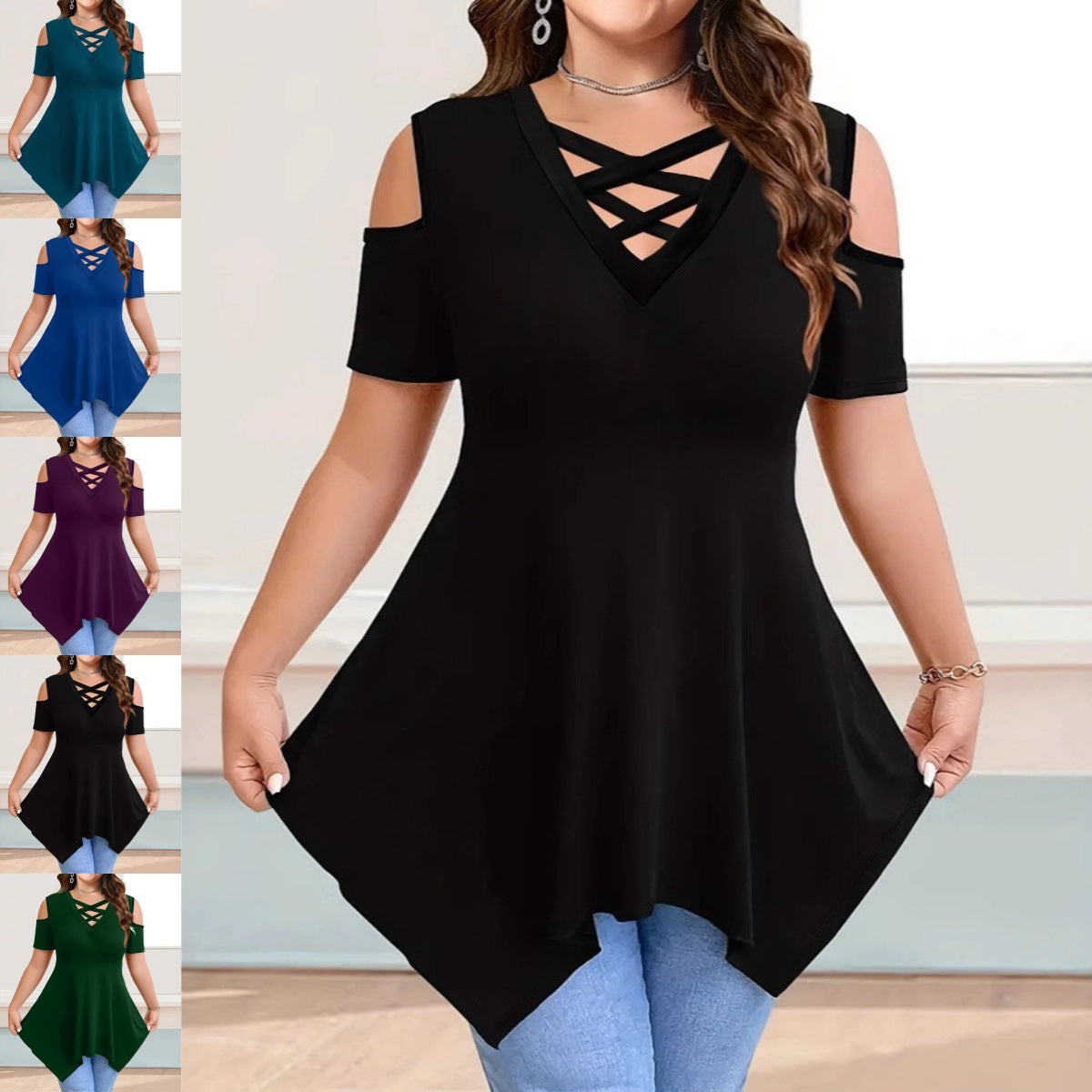 Women's Collar Cross Strap Sleeve Solid Color Tops