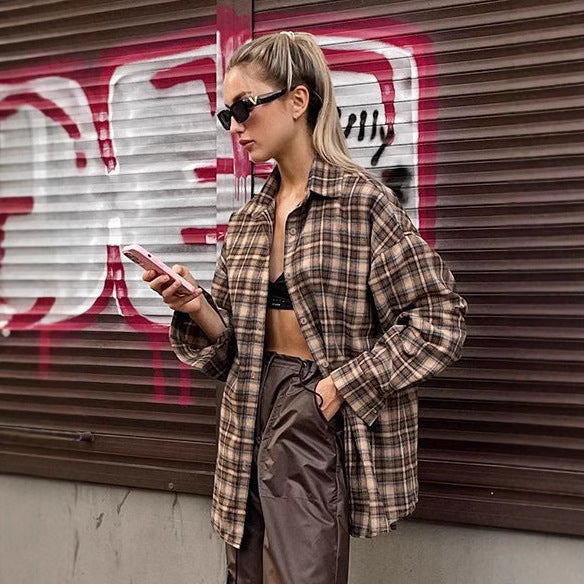 Women's Retro Plaid Shirt Long Design Base Blouse