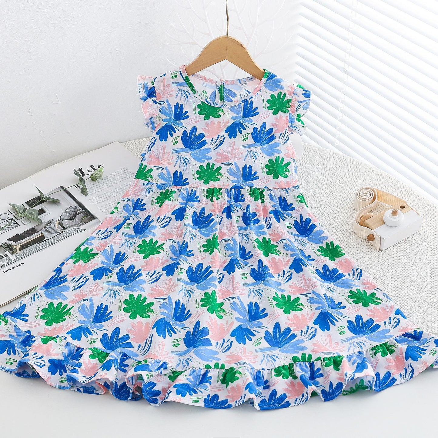 Sweet Little Flounced Sleeve Cotton Silk Summer Thin Cool Rayon Children's Dress