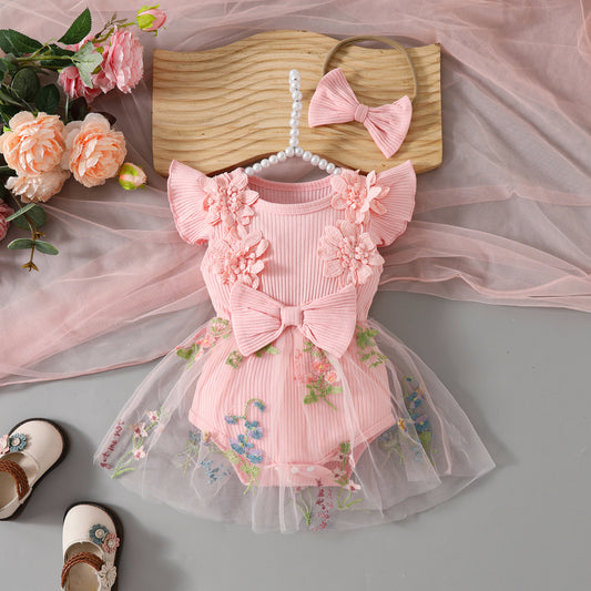 Flower Embroidery Mesh Princess Applique Sunken Stripe Children's Dress