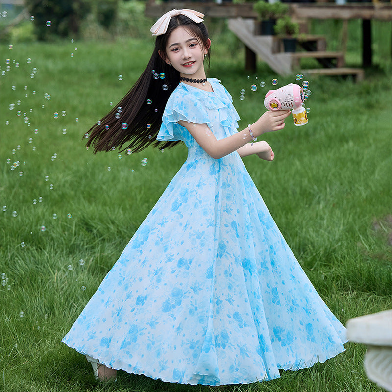 Summer Skirt Clothing Middle Big Fashionable Stylish Floral Children's Dress