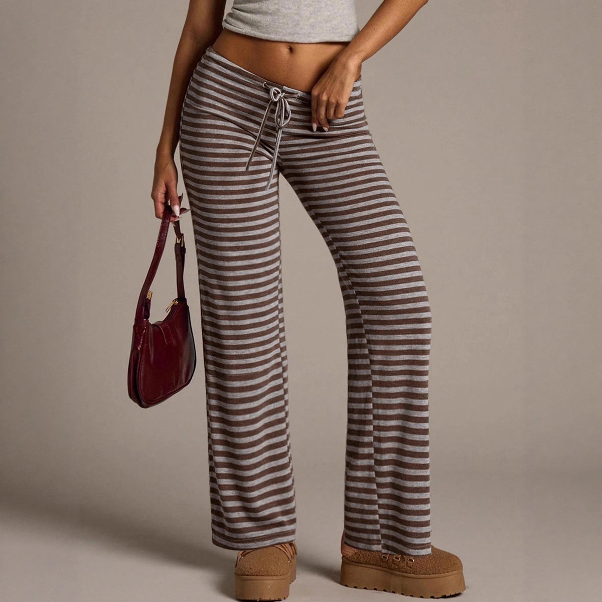 Women's Striped Drawstring Retro Home Mop Straight Casual Pants