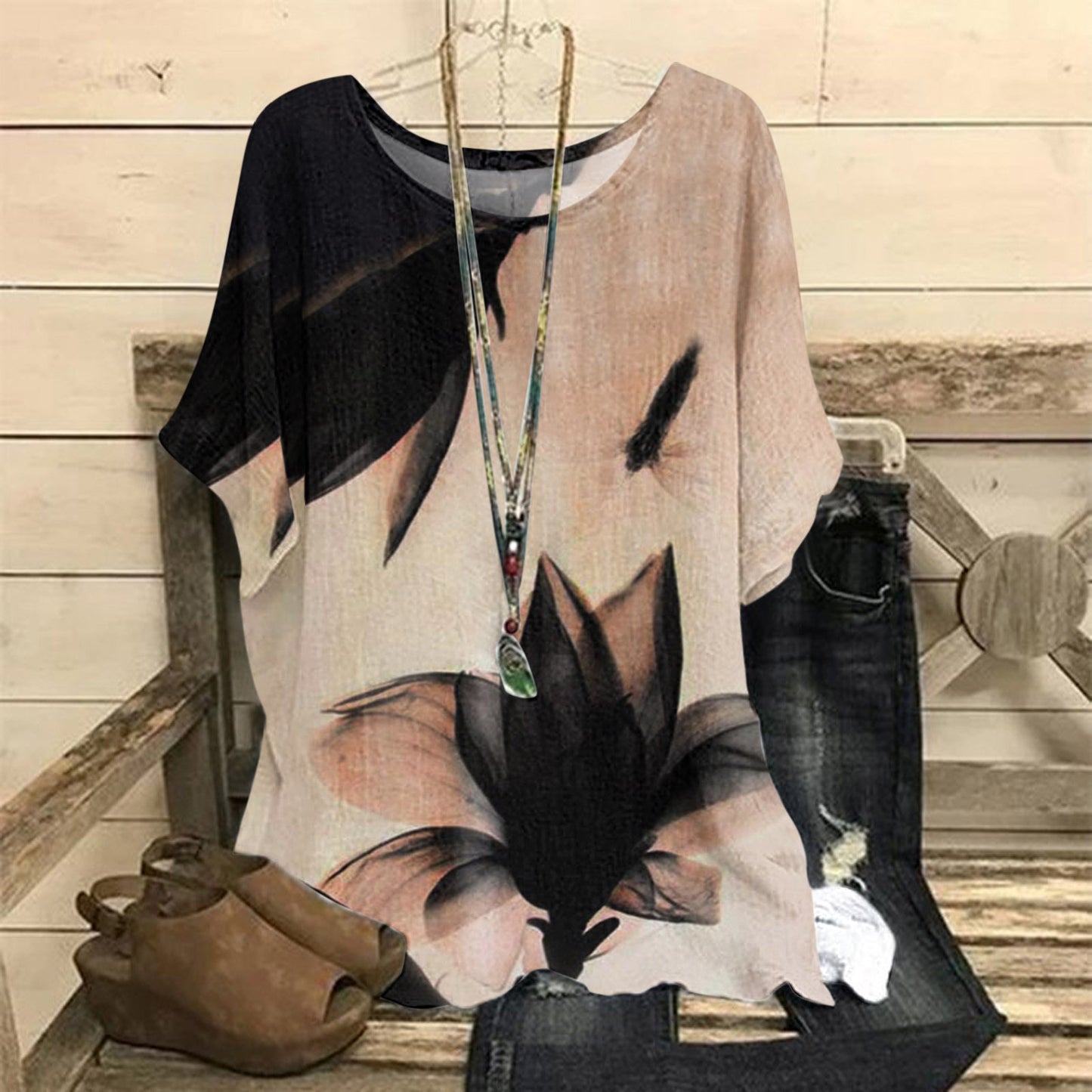 Women's Summer Loose Print Crew Neck Casual Women's T-shirt