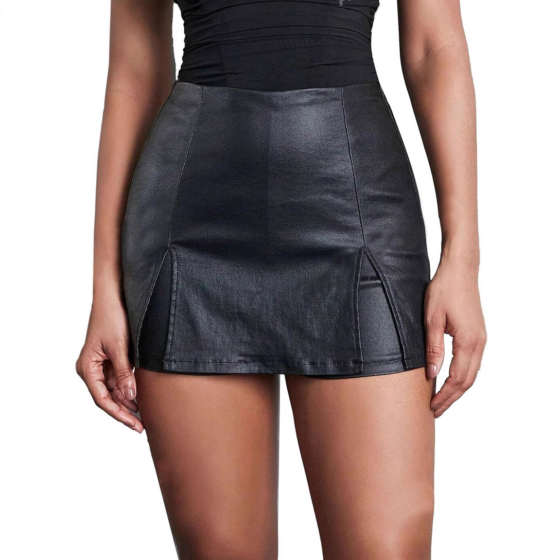 Women's Waist Leather Bag Hip Pleated Slim Fit Skirt