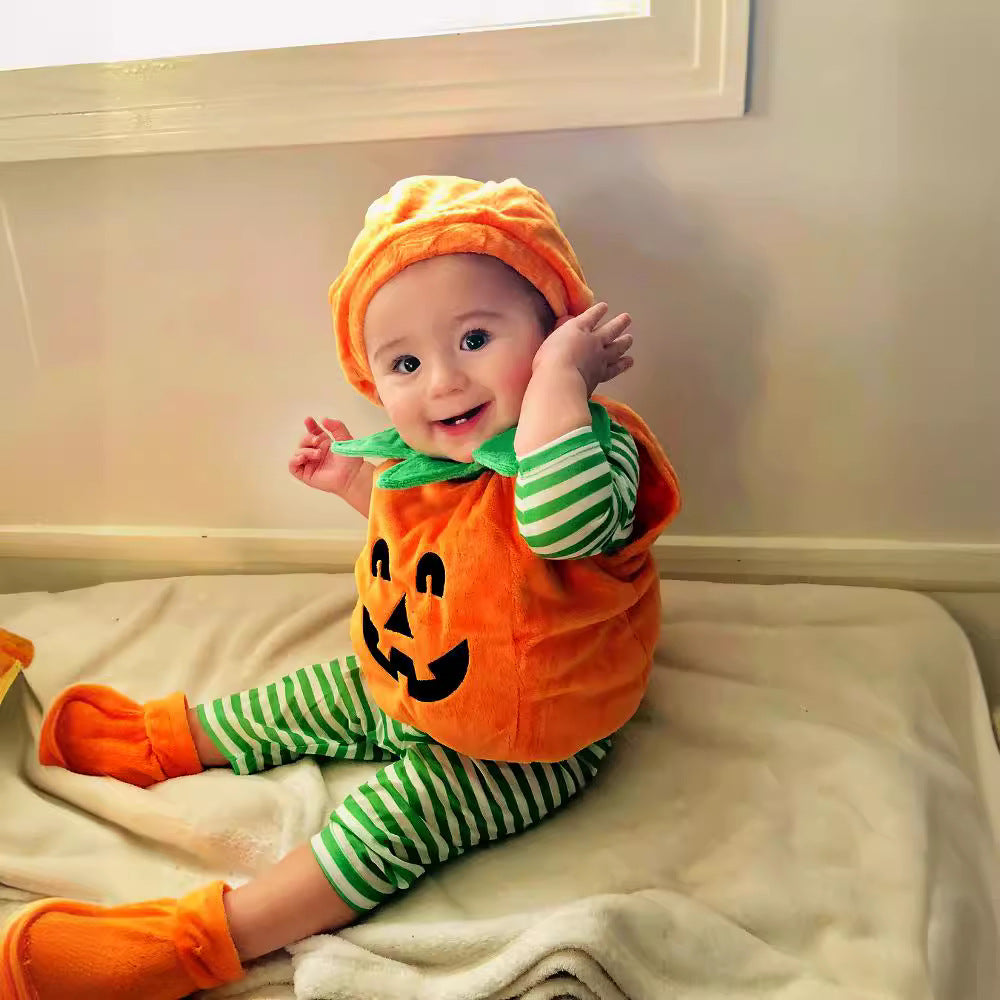 Children's Halloween Cute Round Neck Sleeveless Pumpkin Triangle Rompers Jumpsuit, Climbing Suit