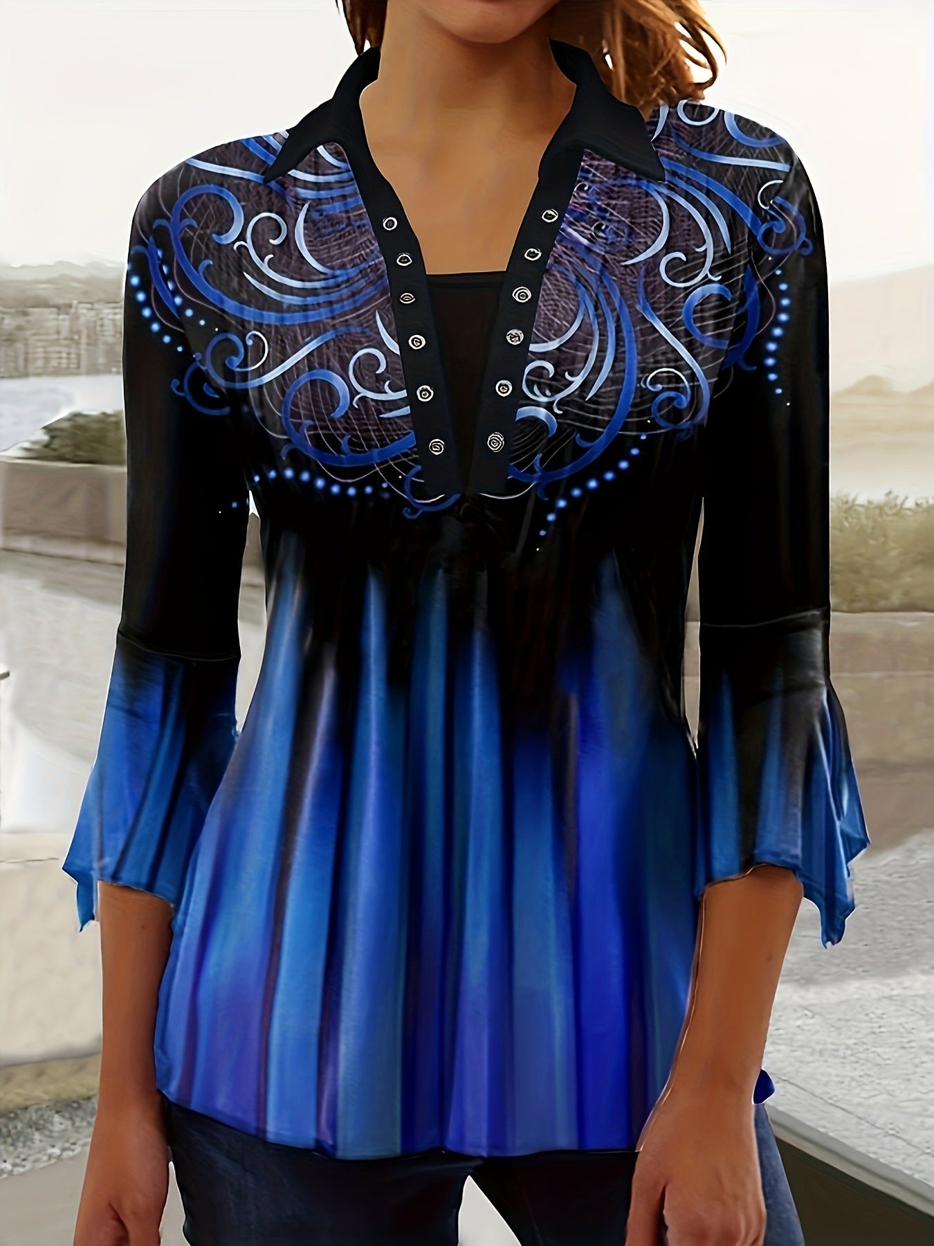 Autumn Print Polo Collar Irregular Sleeve Women's T-shirt