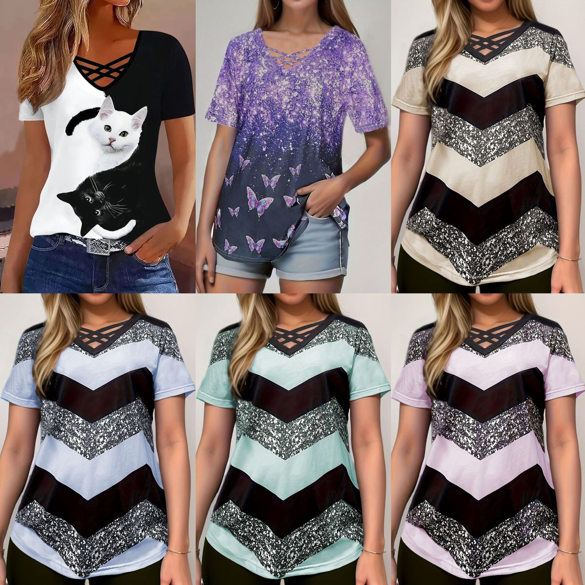 Women's Cross Striped Elegant Casual Short-sleeved Women's T-shirt
