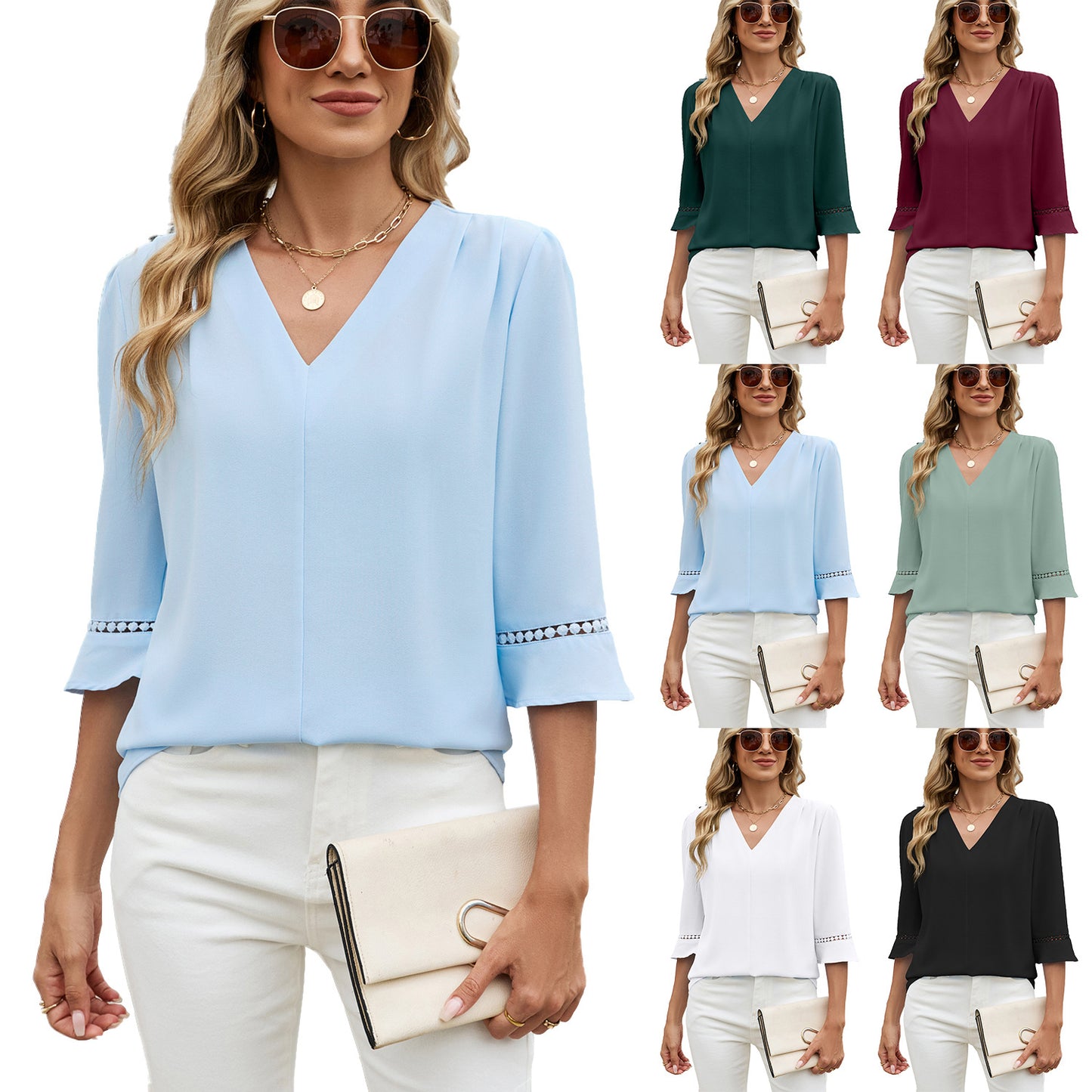 Graceful Women's Pleated Bell Sleeve Work Lace Shirt, Chiffon Shirt