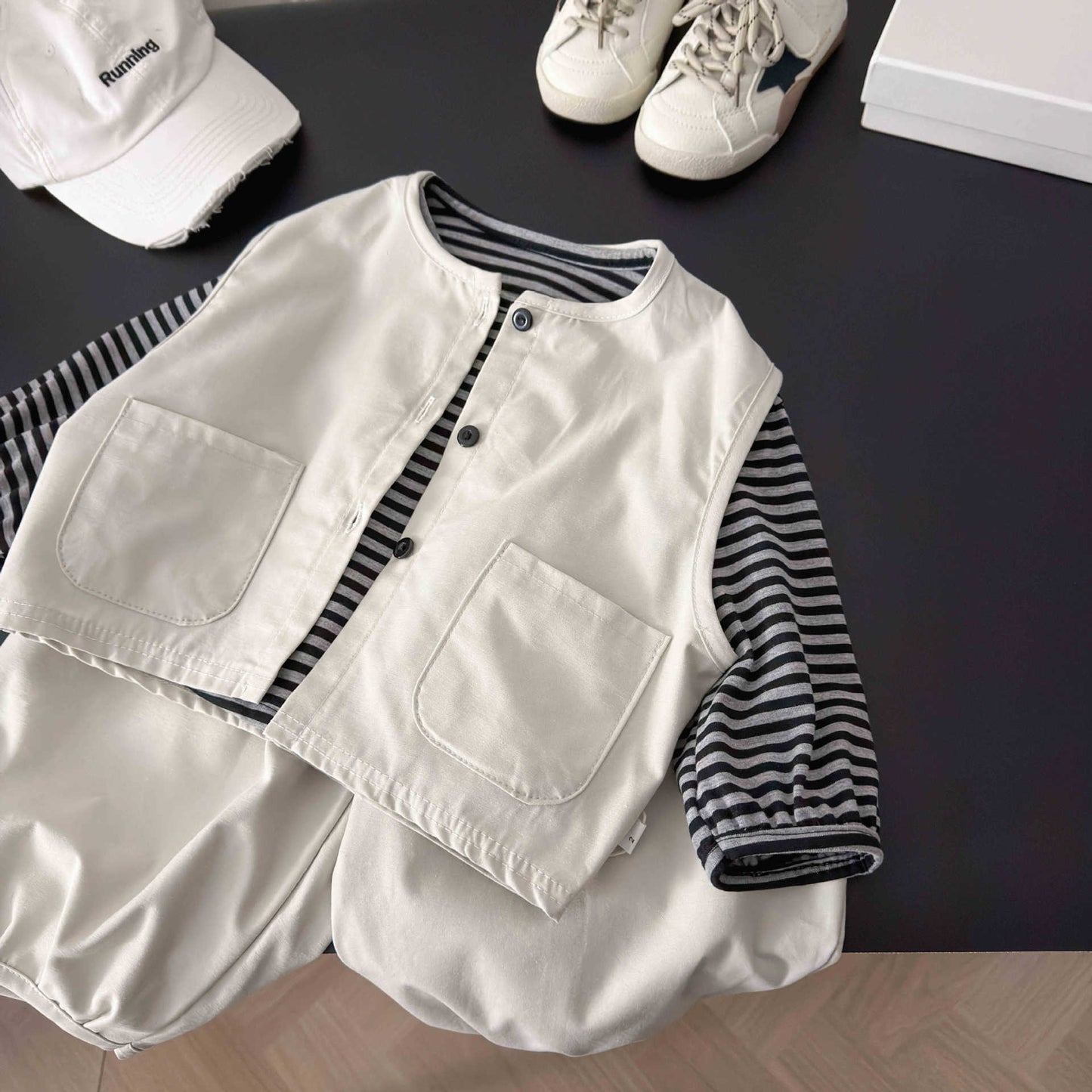 Children's Wear Striped Base Frock Vest Ankle Banded Pants Children's Suit