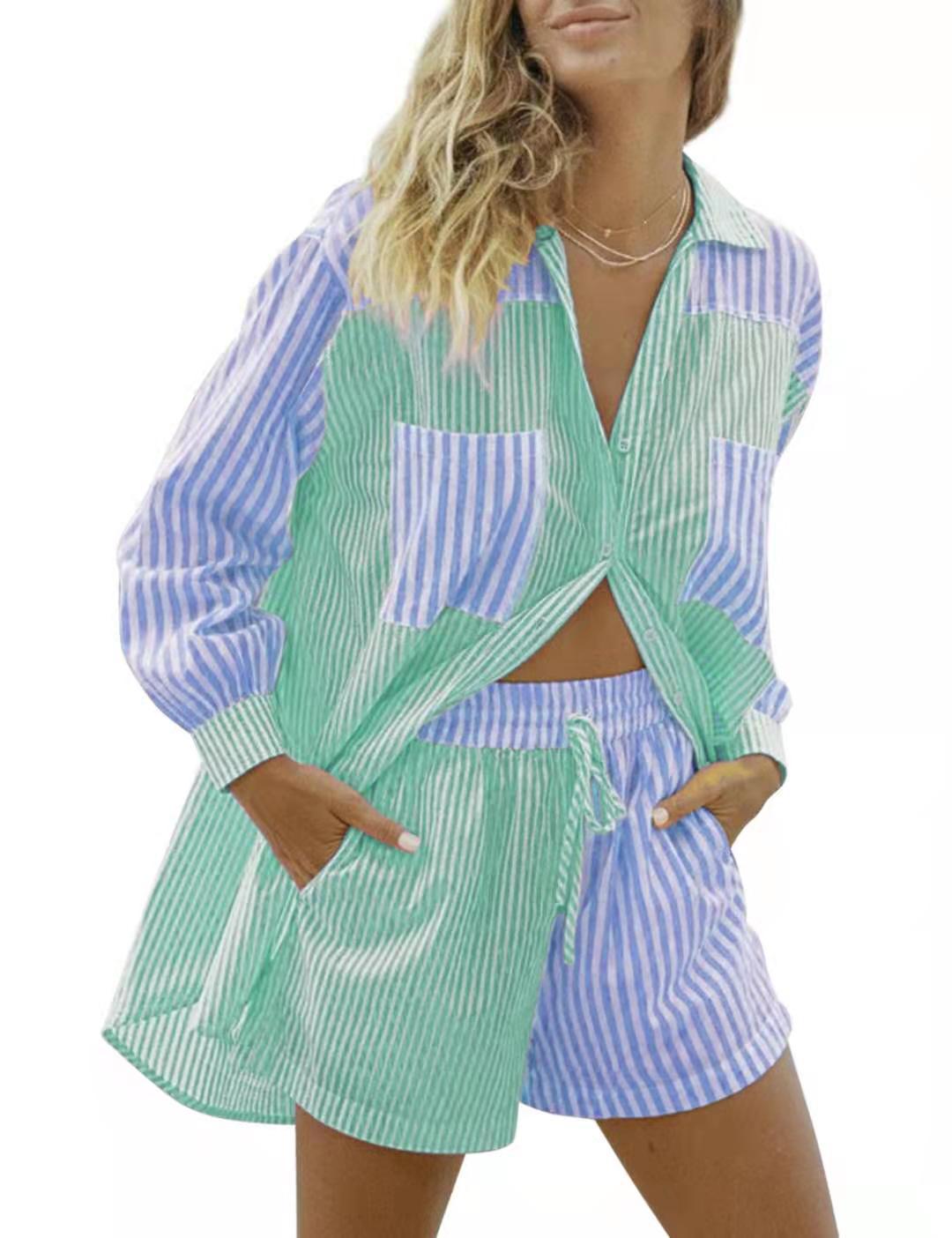 Women's Shirt Lapel Single Breasted Home Casual Striped Loose Suits